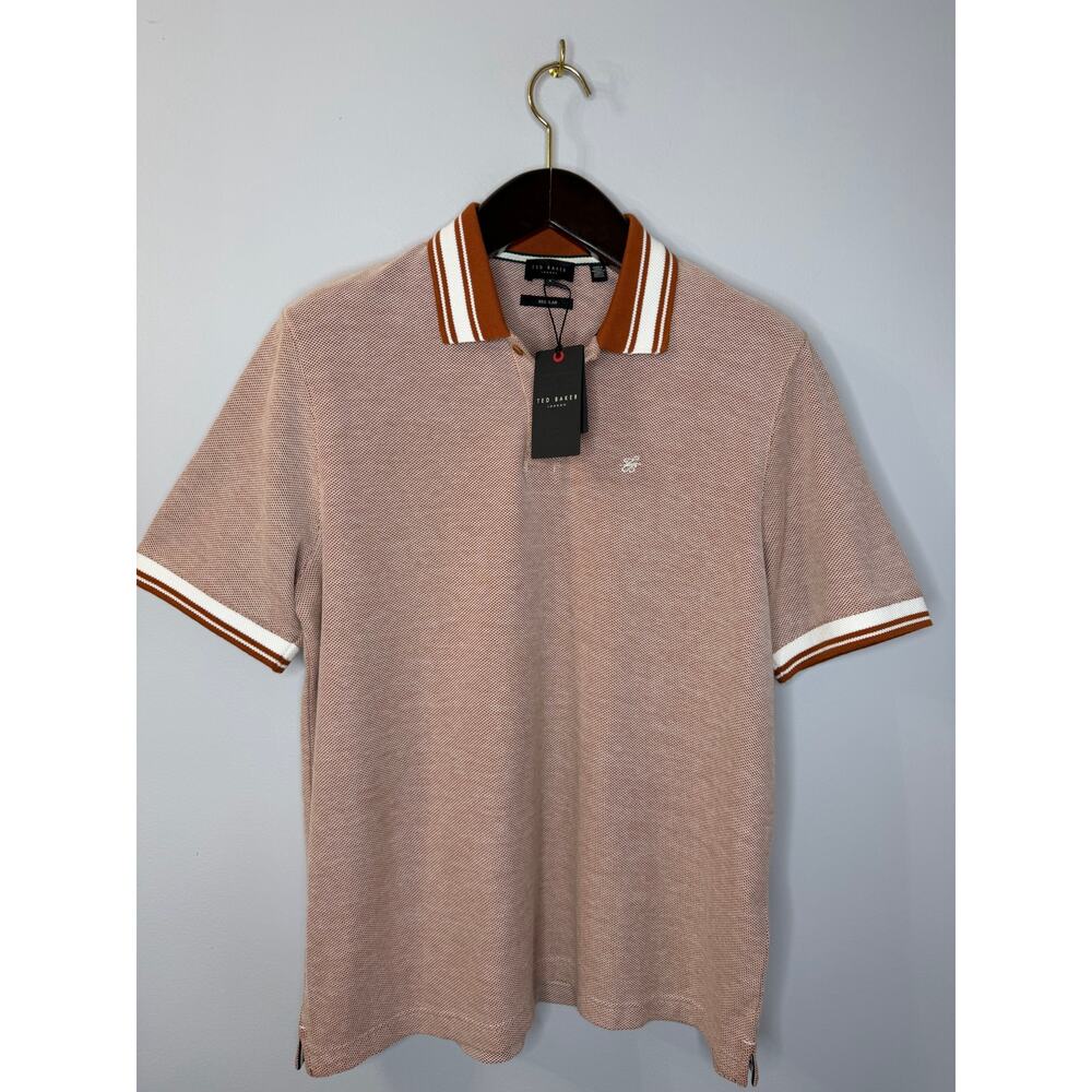 Ted Baker Phenes Textured Cotton Polo Shirt Stripe Trim Brown Men 4 US XXL - Picture 2 of 13